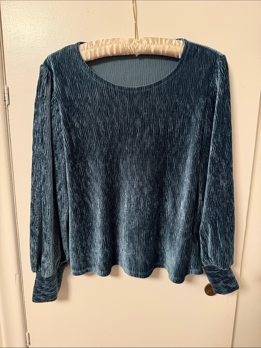 Textured Long-Sleeve Velvet-Look Top in Teal